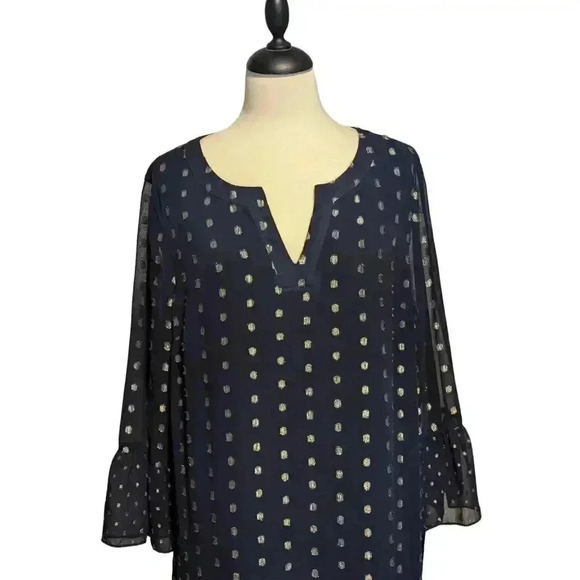 Crown & Ivy Navy Blue Metallic Dot Long Sleeve Highland Ruffle Dress Size XXL - Picture 2 of 9